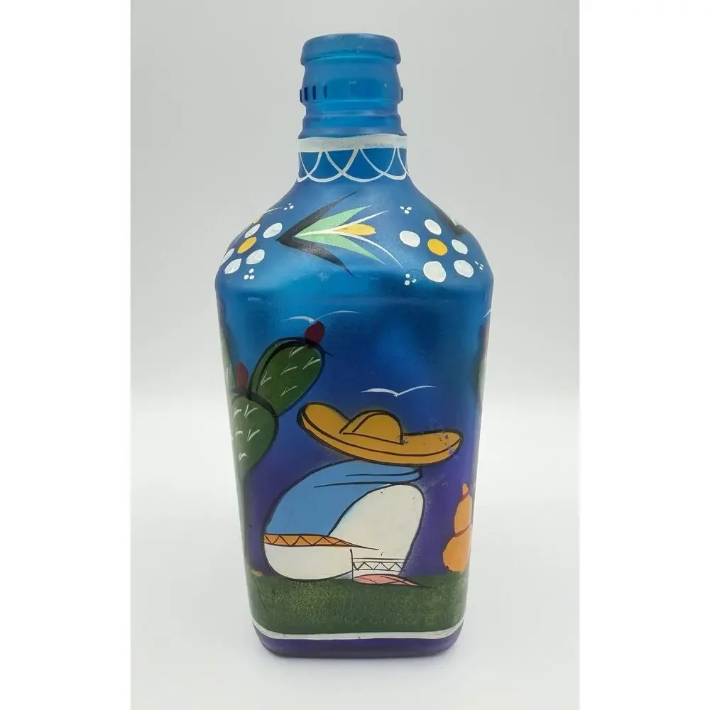 Blue Frosted Glass Siesta Sleeping Man Bottle 10” Hand Painted Bar Decor Mexico